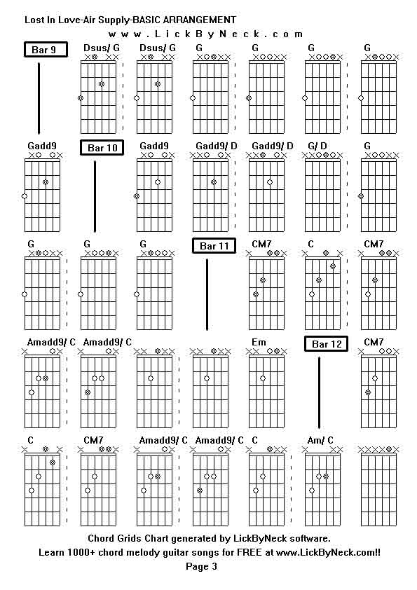 Chord Grids Chart of chord melody fingerstyle guitar song-Lost In Love-Air Supply-BASIC ARRANGEMENT,generated by LickByNeck software.